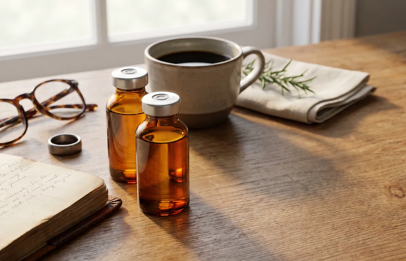 Two amber vials on a wooden table beside a cup of coffee and an open notebook.