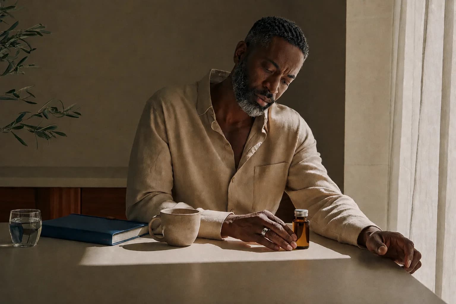 A man sitting at a sunlit table, resting his hand beside a small amber vial, with a cup of coffee, a notebook and a glass of water.